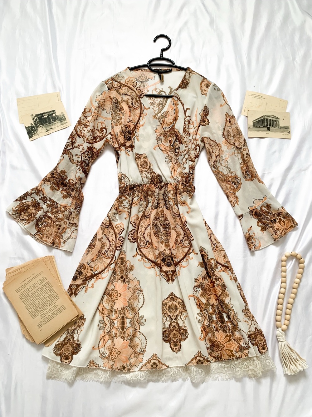 Vintage V-Neck Bell Sleeve Flowy Gold & White Dress | Cottagecore Boho Chic Dres